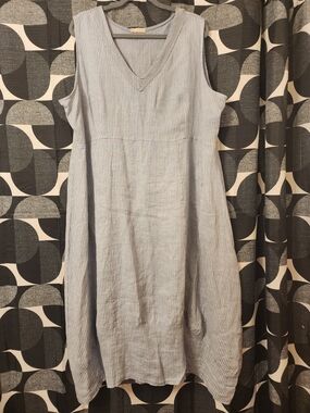 New Collection Sequened V-Neck Light Blue Striped Linen Dress Made In Italy